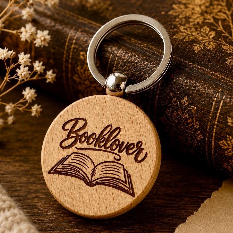Booklover-Holzschlüsselanhänger – personalisierbar – Vorder- und Detailansicht