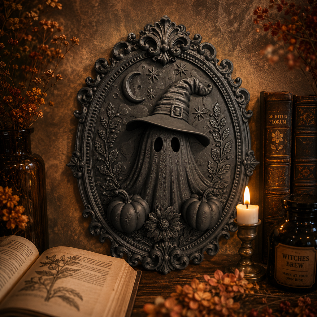 Mystisches Ghost Wandbild mit Hexenhut – 3D Wanddeko für Bücherzimmer & Leseecke