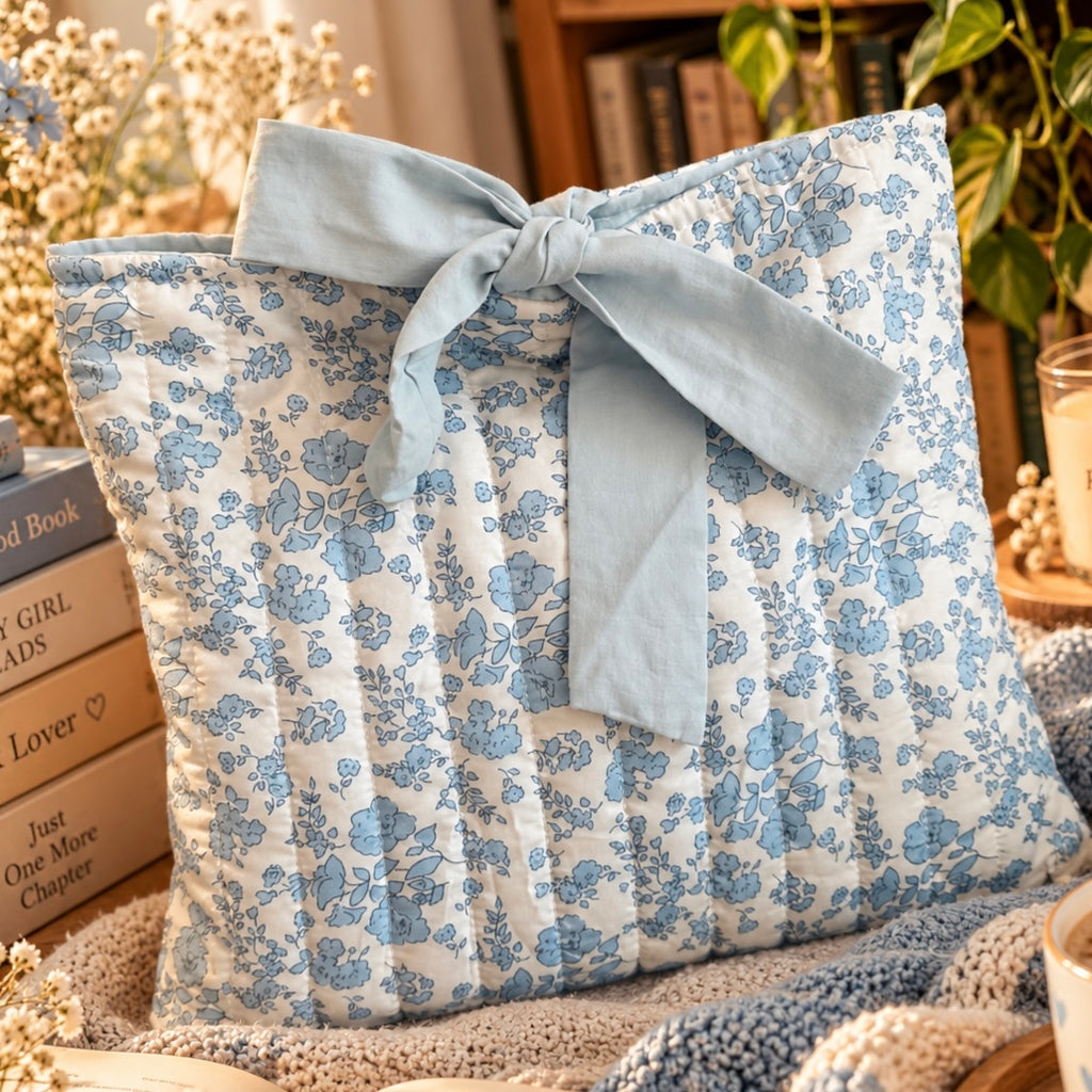 Blaue Büchertasche mit Schleife – Gepolsterte Buchhülle - Cottagecore