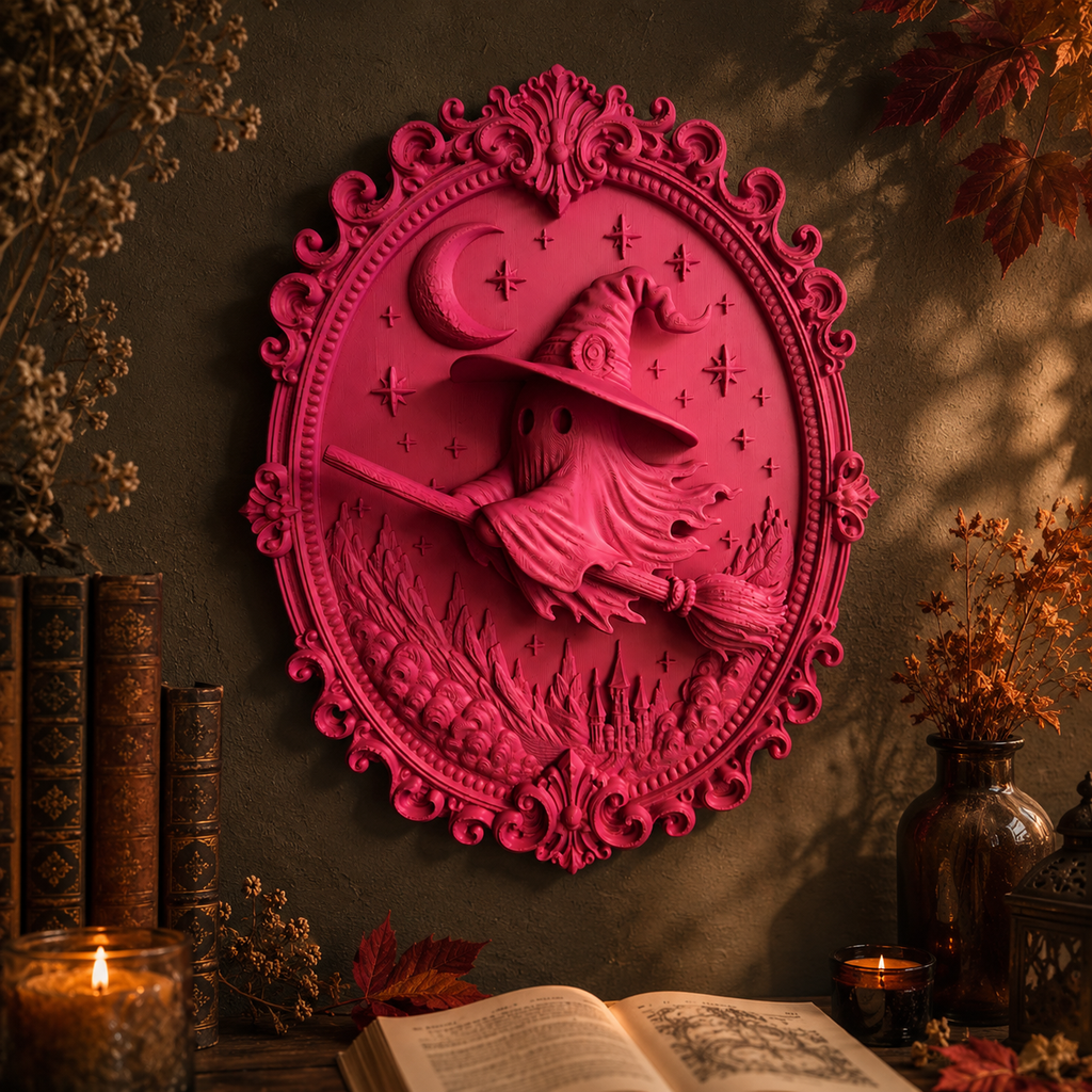 3D Wandbild Hexe auf Besen – Witchy Bookish Deko