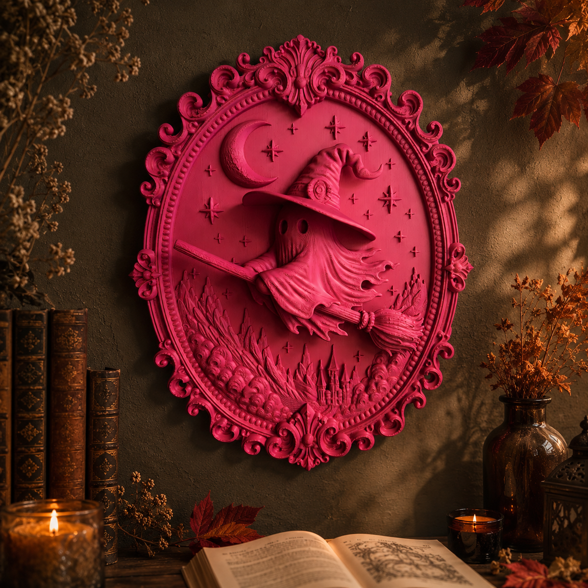 3D Wandbild Hexe auf Besen – Witchy Bookish Deko