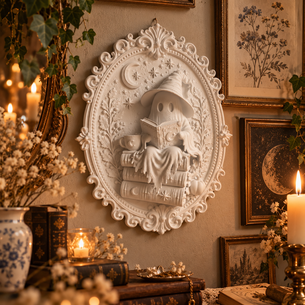 Bookish Ghost Wandbild 3D – Lesender Geist auf Bücherstapel | Gothic Deko für Leseecke