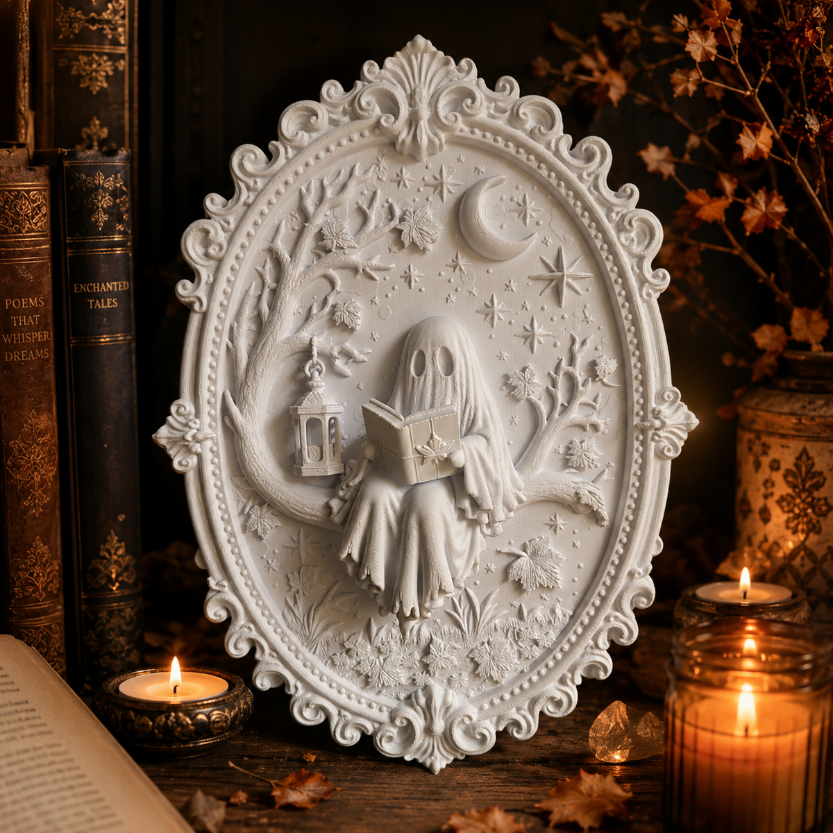 Bookish Ghost Wandbild 3D – Geist mit Buch | Gothic Deko für Leseecke