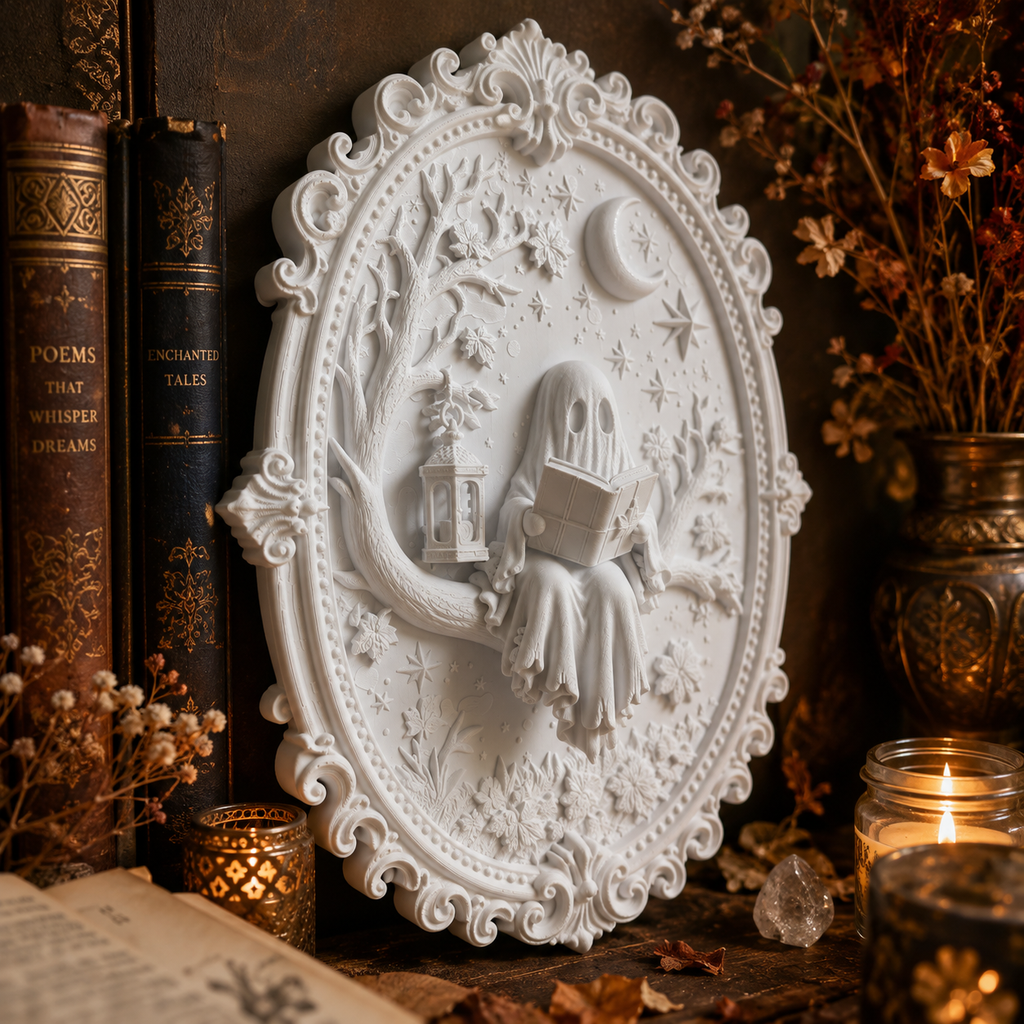 Bookish Ghost Wandbild 3D – Geist mit Buch | Gothic Deko für Leseecke