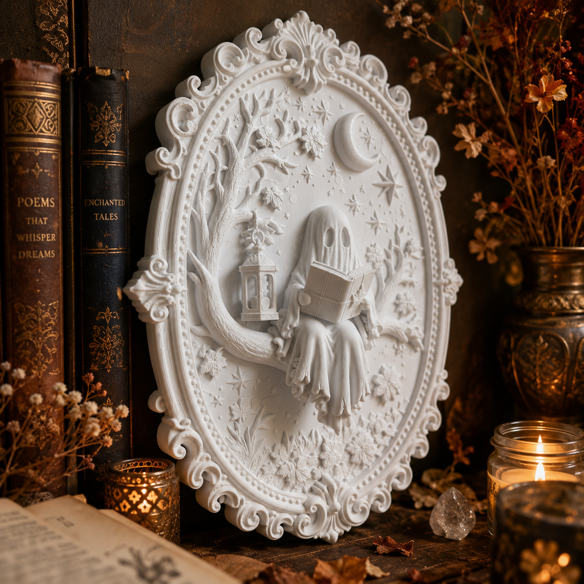 Bookish Ghost Wandbild 3D – Geist mit Buch | Gothic Deko für Leseecke