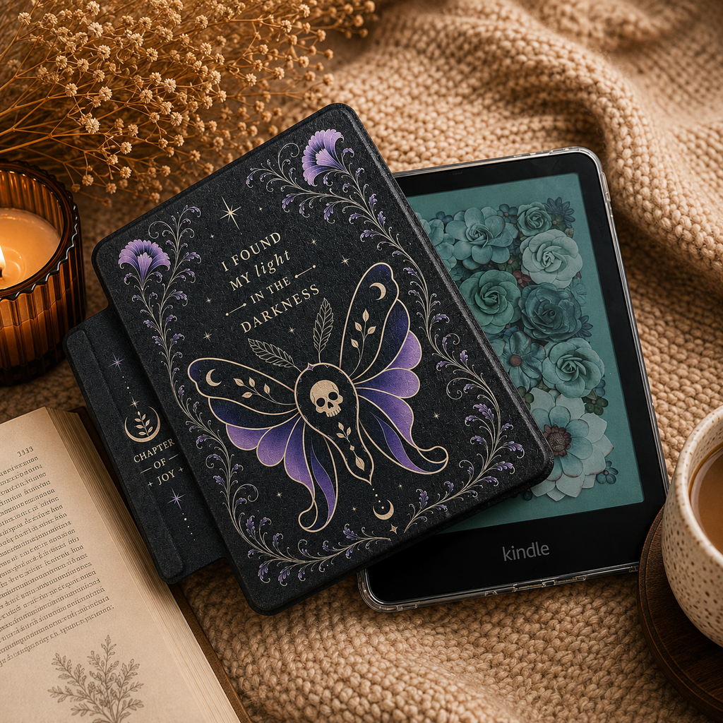 Magnetische Kindle Hülle Darkness mit abnehmbarer Vorderseite in Schwarz und Lila Motte Motiv mit einem Totenkopf 