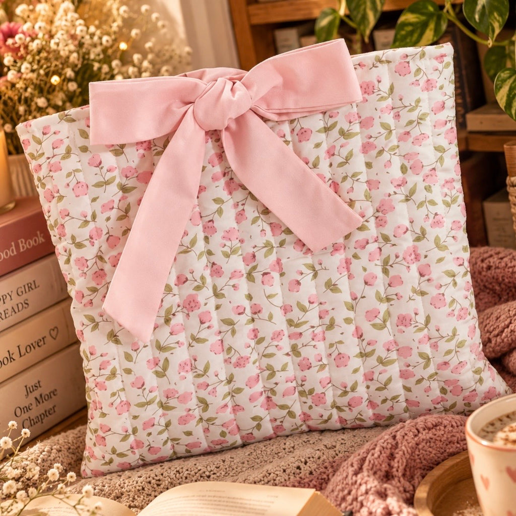 Rosa Büchertasche mit Schleife – Gepolsterte Romance Buchhülle