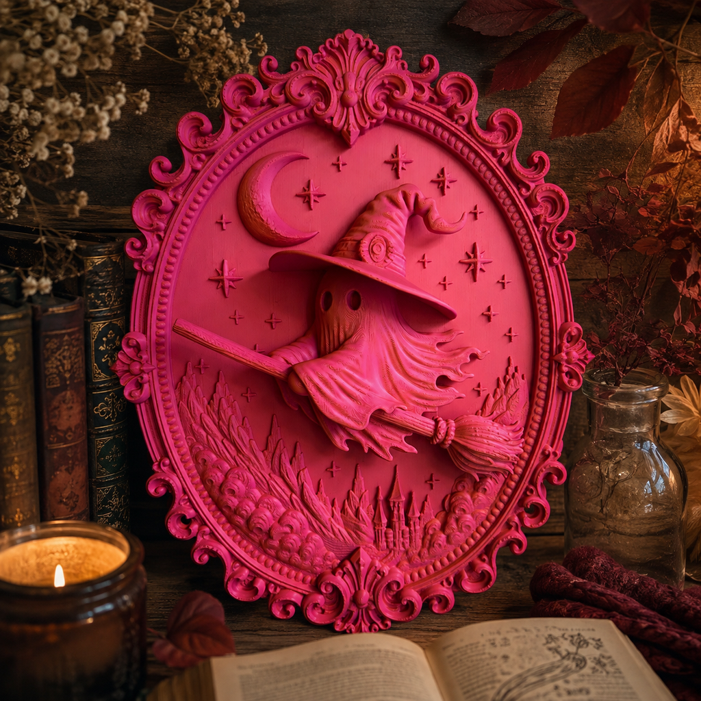 3D Wandbild Hexe auf Besen – Witchy Bookish Deko