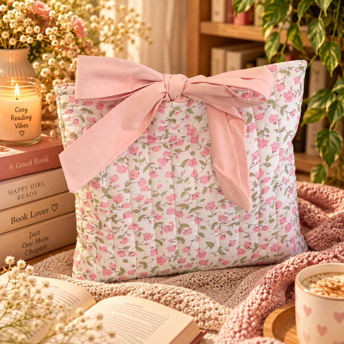 Rosa gepolsterte Buchhülle aus Baumwolle für Bücher und Leseratten