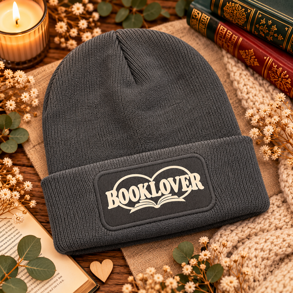 Dunkelgraue Booklover Beanie mit cremeweißem Motiv auf Twill-Patch