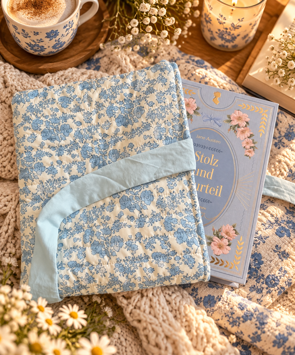Blaue Büchertasche mit Schleife – Gepolsterte Buchhülle - Cottagecore