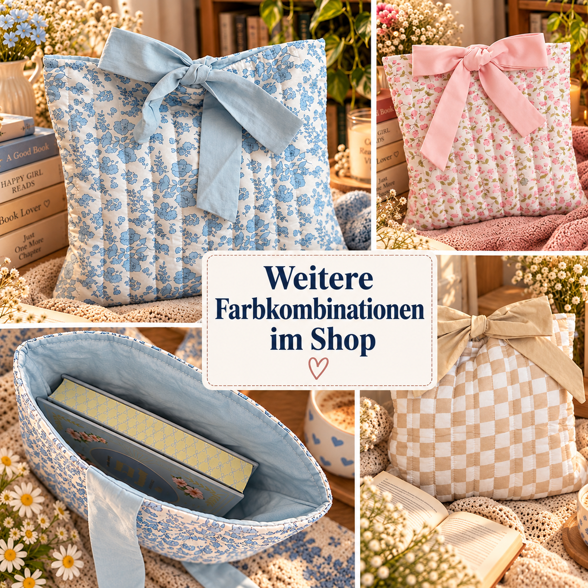Karierte Büchertasche mit Schleife – Gepolsterte Buchhülle - Cottagecore