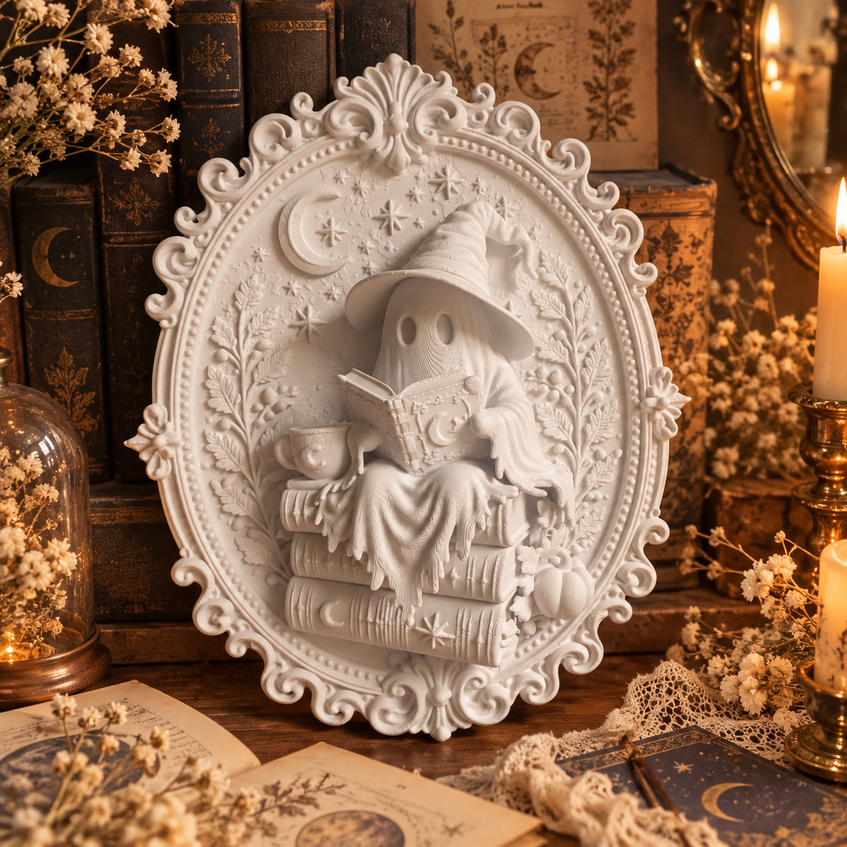 Bookish Ghost Wandbild 3D – Lesender Geist auf Bücherstapel | Gothic Deko für Leseecke