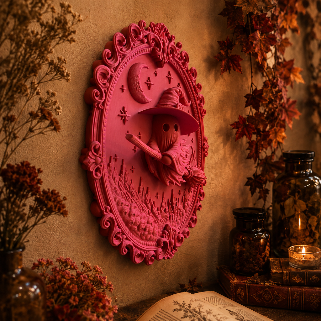 3D Wandbild Hexe auf Besen – Witchy Bookish Deko