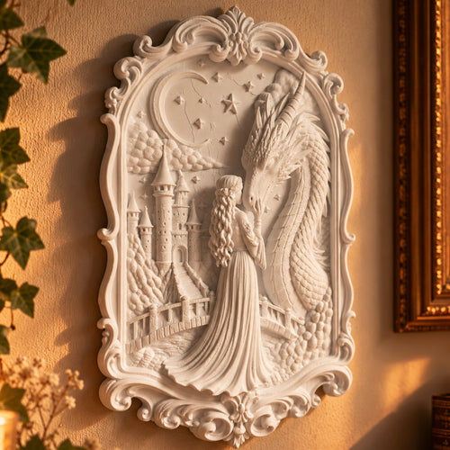 Weißes 3D Wandbild mit Drache und Frau als Fantasy Deko