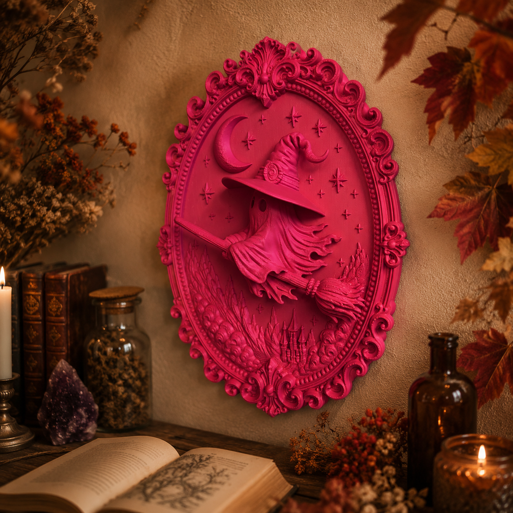 3D Wandbild Hexe auf Besen – Witchy Bookish Deko