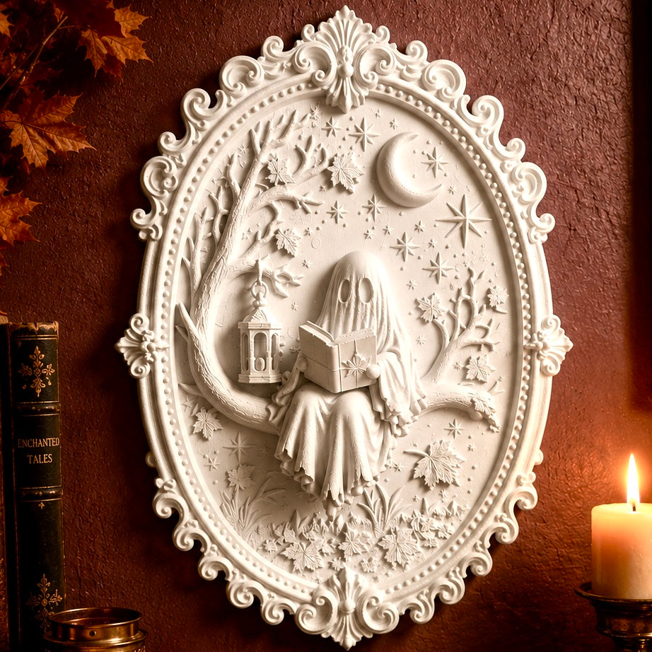 Bookish Ghost Wandbild 3D – Geist mit Buch | Gothic Deko für Leseecke