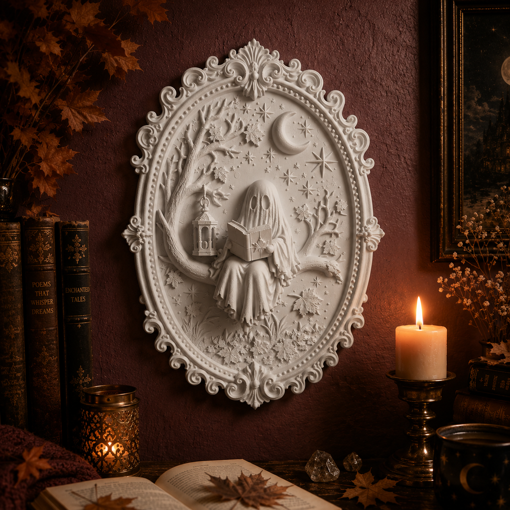 Bookish Ghost Wandbild 3D – Geist mit Buch | Gothic Deko für Leseecke