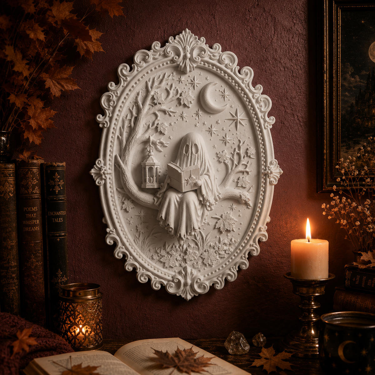 Bookish Ghost Wandbild 3D – Geist mit Buch | Gothic Deko für Leseecke