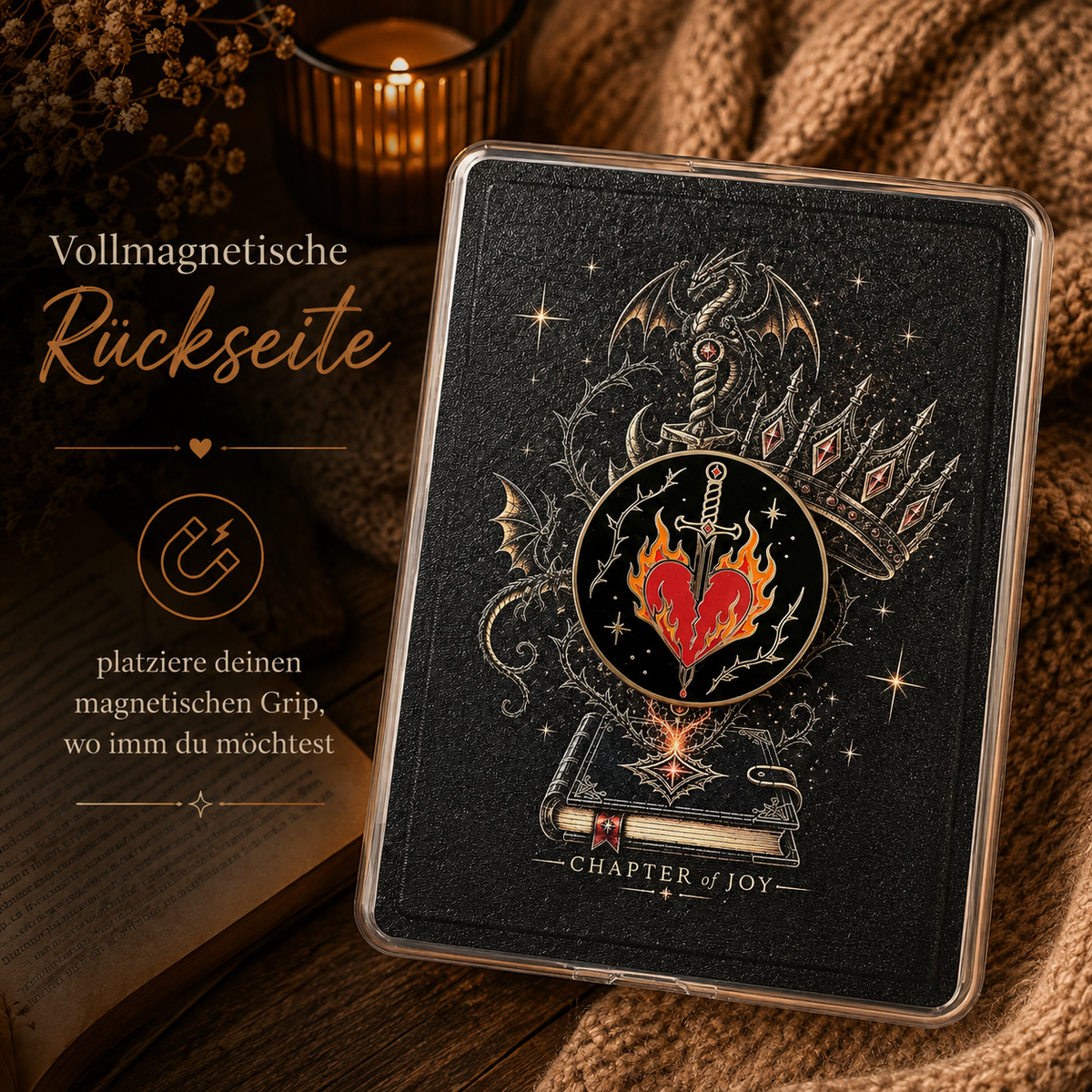 Magnetische Kindle Hülle Burning Heart mit vollmagnetischer Rückseite und Kindle Grip
