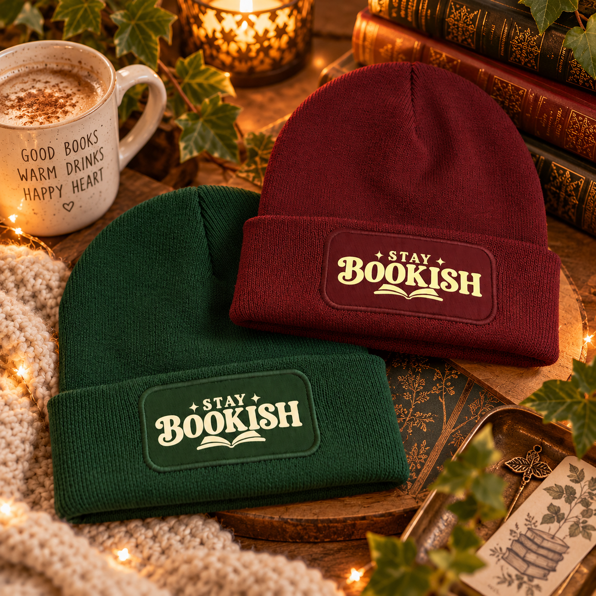 Stay Bookish Mützen in Bordeaux und Bottle Green mit Buchmotiv