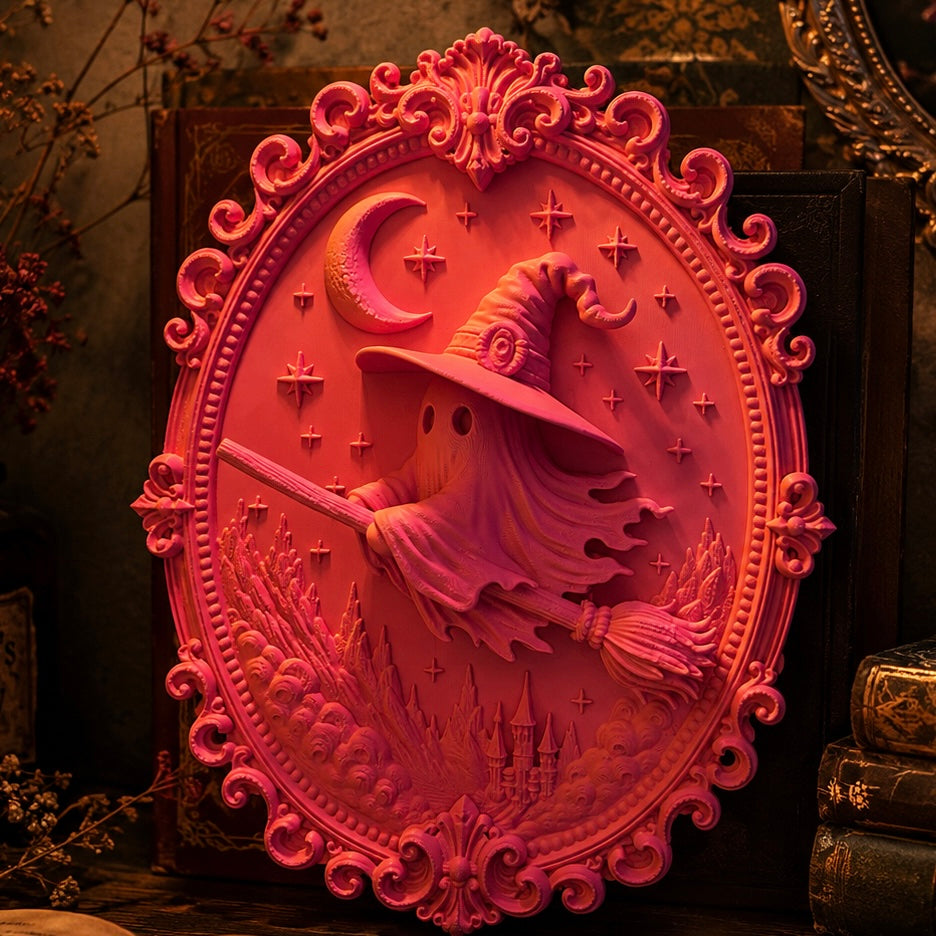 3D Wandbild Hexe auf Besen – Witchy Bookish Deko