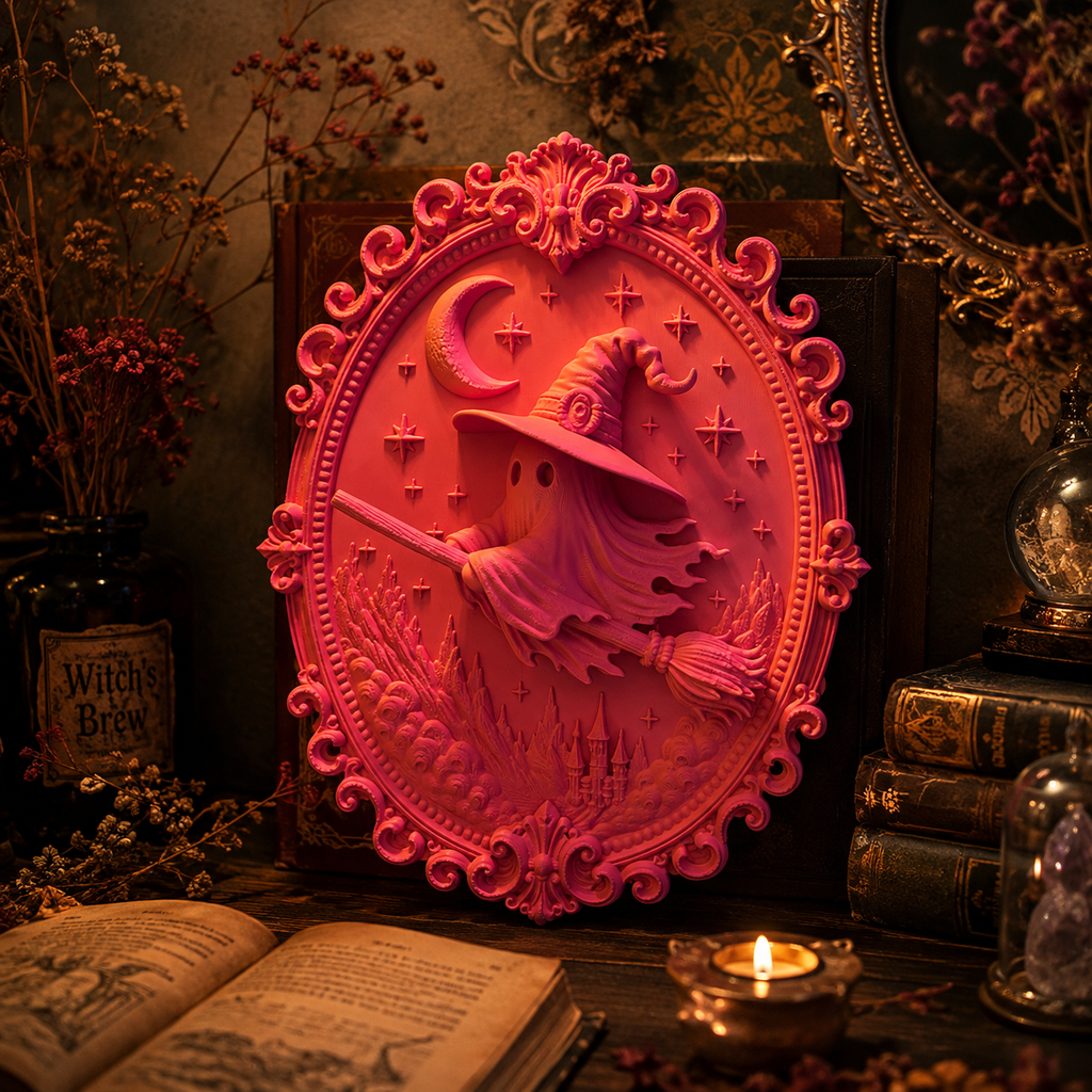 3D Wandbild Hexe auf Besen – Witchy Bookish Deko