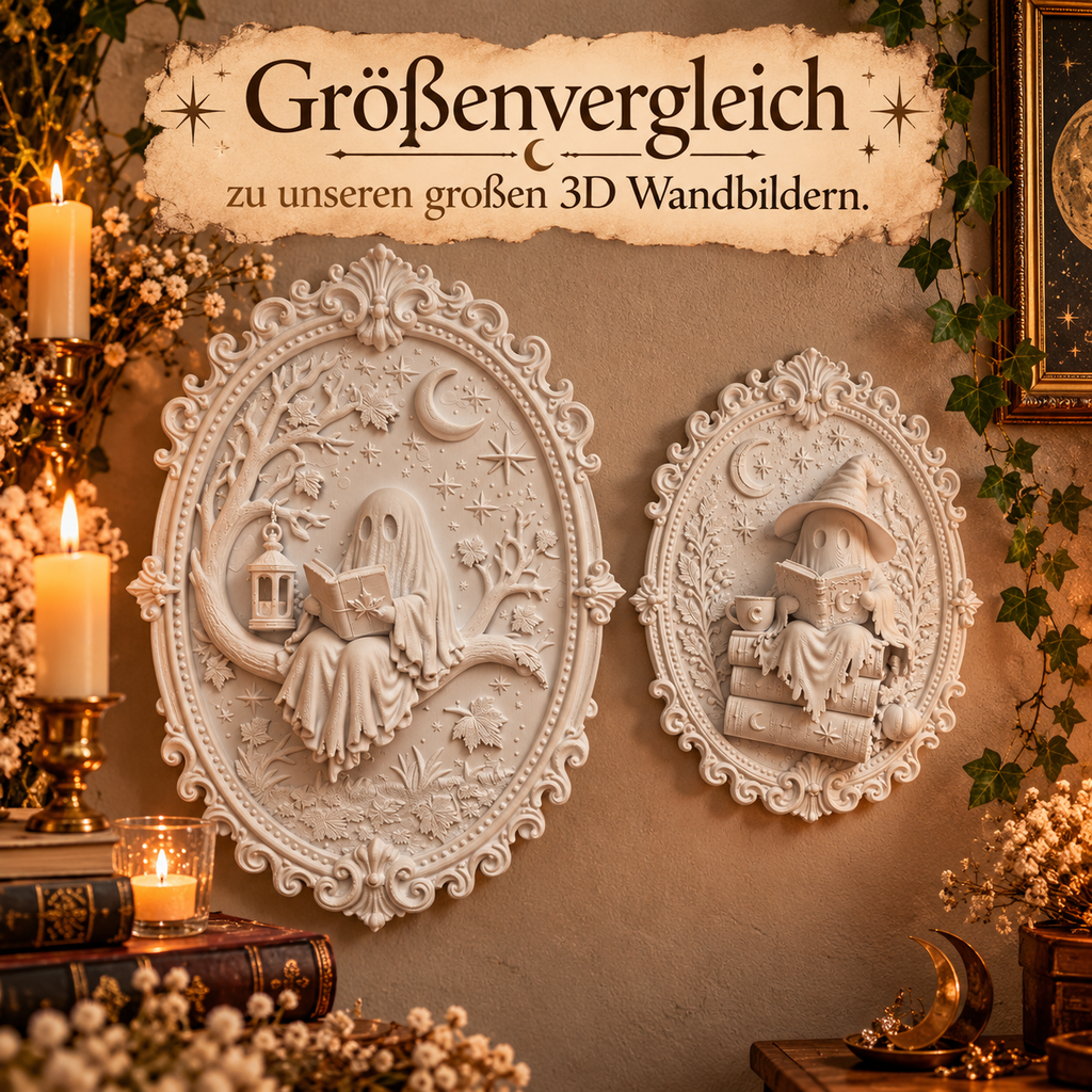 Bookish Ghost Wandbild 3D – Lesender Geist auf Bücherstapel | Gothic Deko für Leseecke
