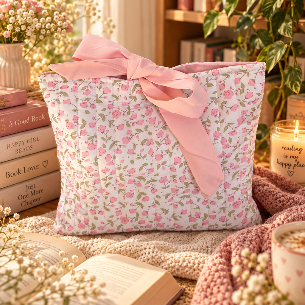 Rosa Büchertasche mit Schleife – Gepolsterte Romance Buchhülle
