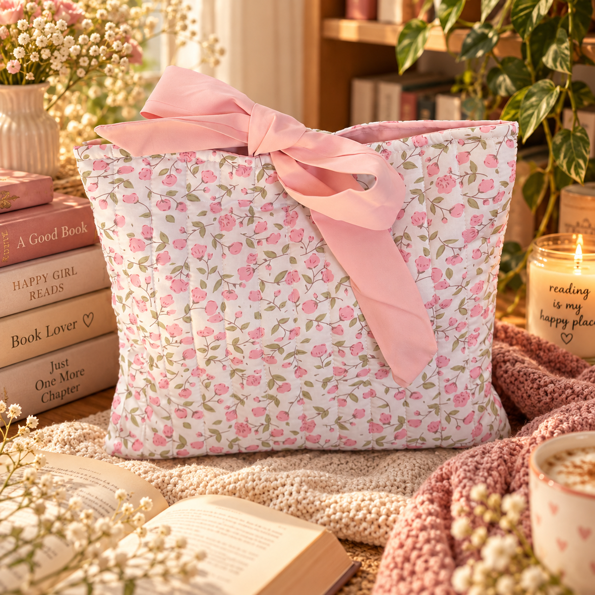 Rosa Büchertasche mit Schleife – Gepolsterte Romance Buchhülle