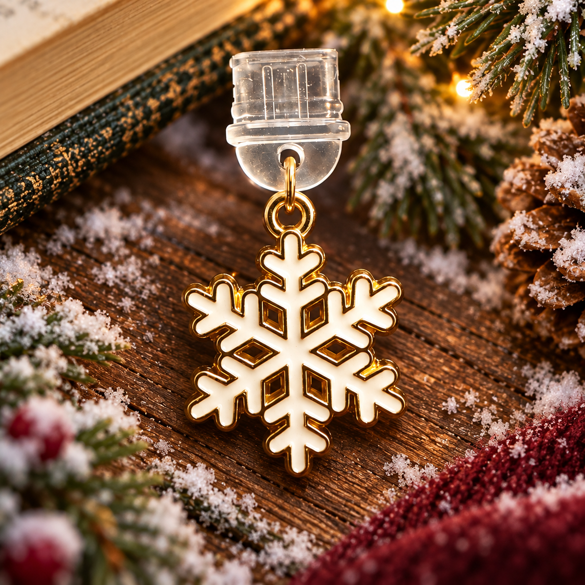 Cremeweiße Emaille-Schneeflocke mit goldfarbenen Details als USB-C Dust Plug am Kindle