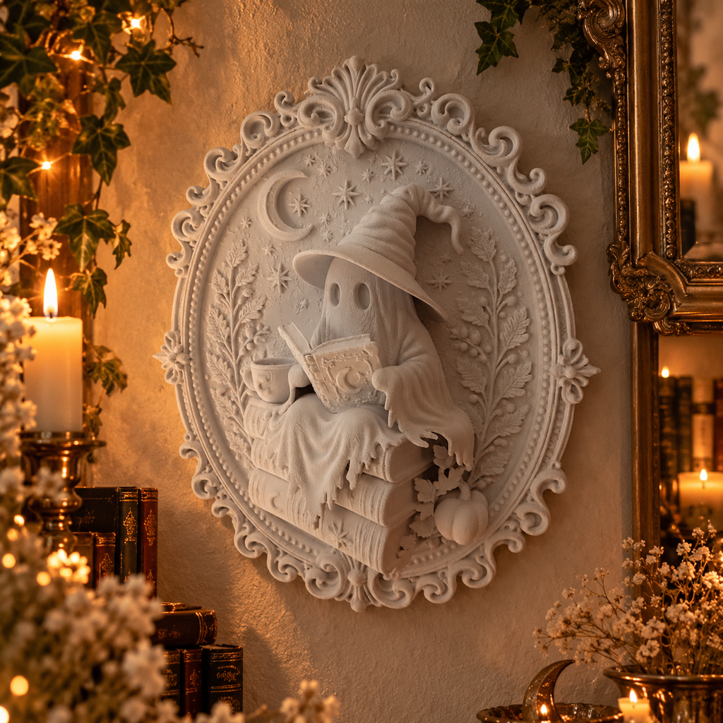 Bookish Ghost Wandbild 3D – Lesender Geist auf Bücherstapel | Gothic Deko für Leseecke