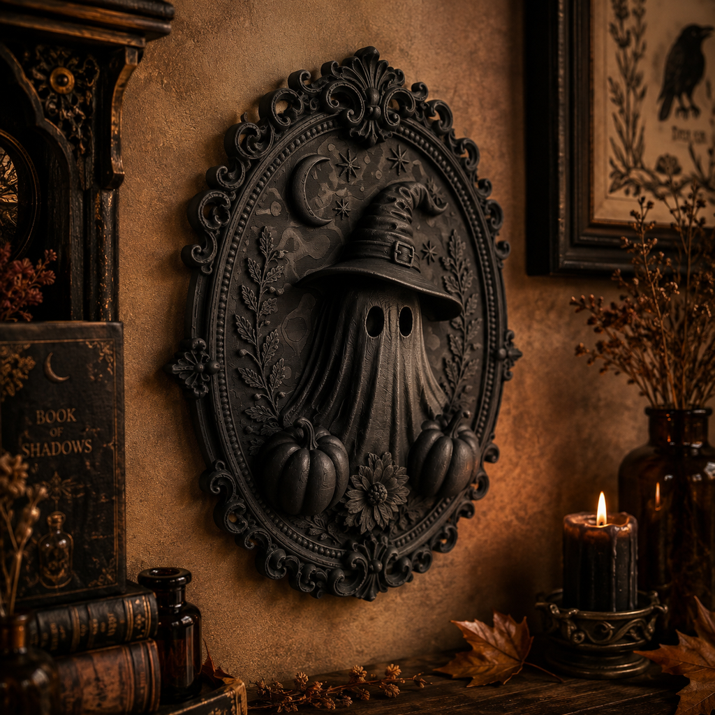 Mystisches Ghost Wandbild mit Hexenhut – 3D Wanddeko für Bücherzimmer & Leseecke