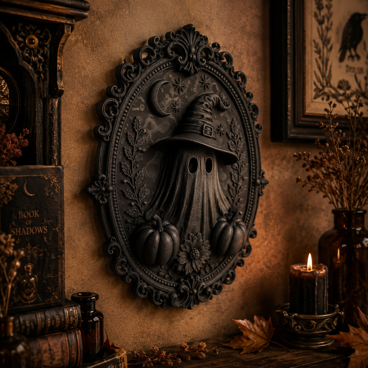 Mystisches Ghost Wandbild mit Hexenhut – 3D Wanddeko für Bücherzimmer & Leseecke
