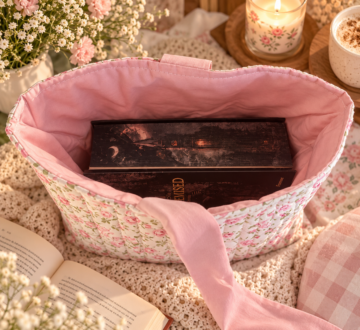 Rosa Büchertasche mit Schleife – Gepolsterte Romance Buchhülle