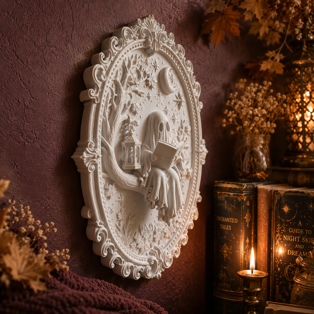 Bookish Ghost Wandbild 3D – Geist mit Buch | Gothic Deko für Leseecke