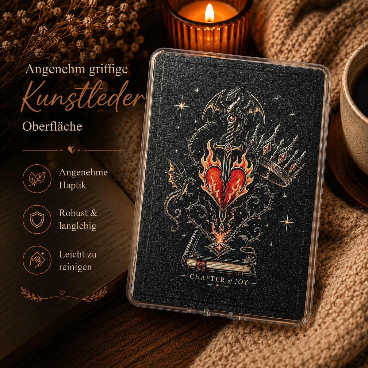 Fantasy Kindle Hülle „Burning Heart“ – vollmagnetisch | 7 & 6,8 Zoll