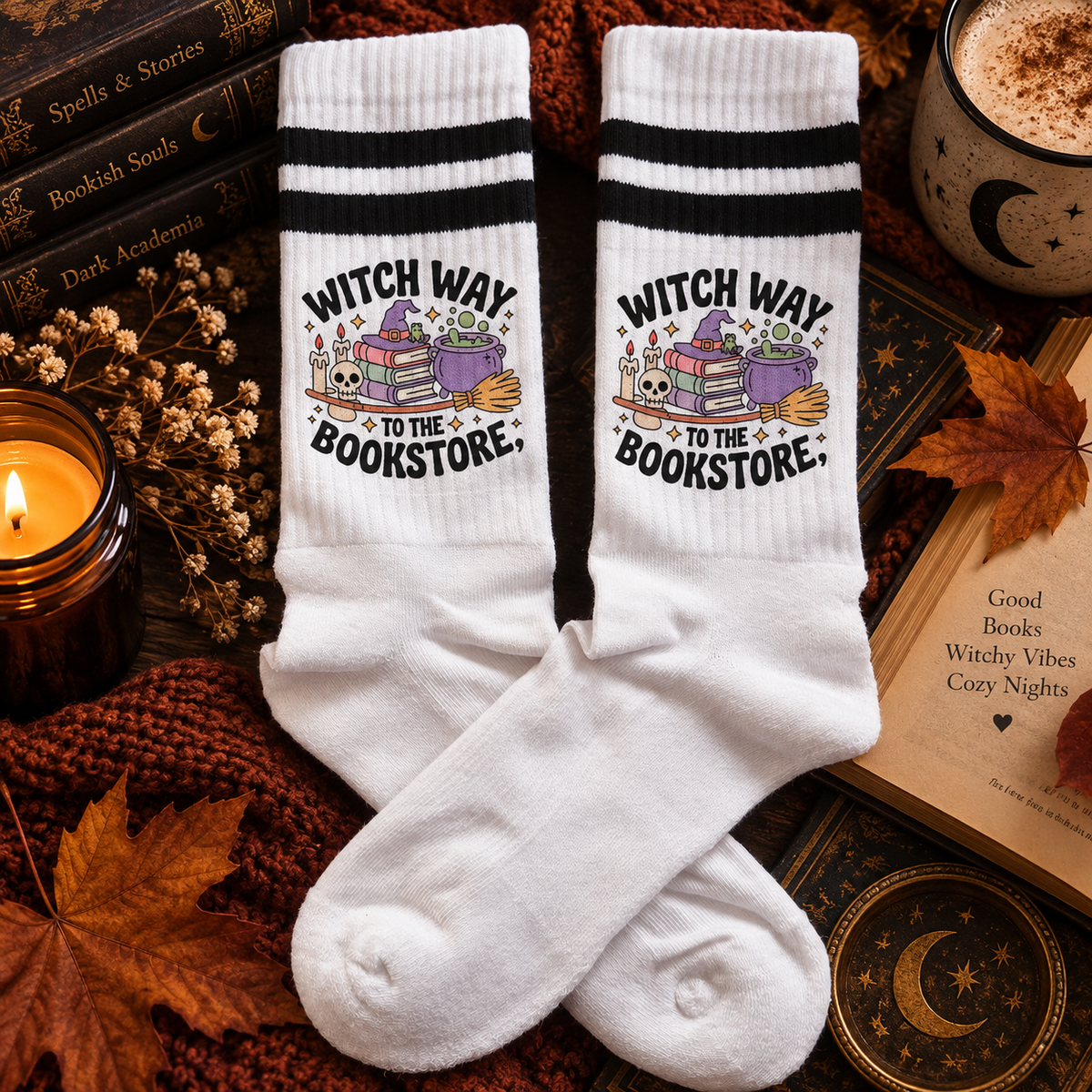 Witchy Bookish Socken – „Witch Way to the Bookstore“ - Halloween Socken