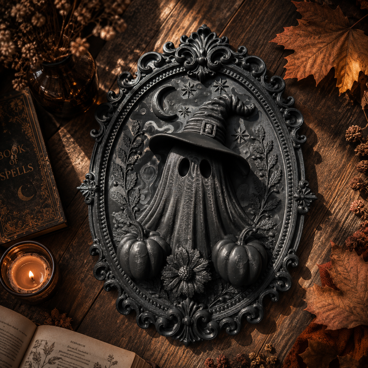Mystisches Ghost Wandbild mit Hexenhut – 3D Wanddeko für Bücherzimmer & Leseecke
