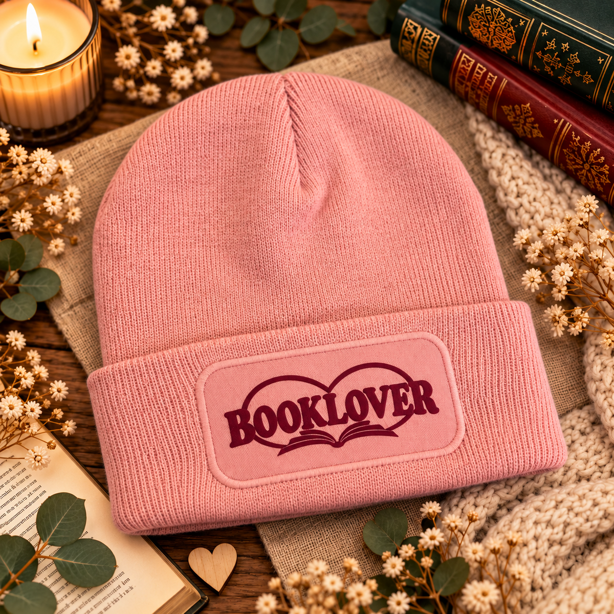 Rosa Booklover Mütze mit bordeauxfarbenem DTF-Druck