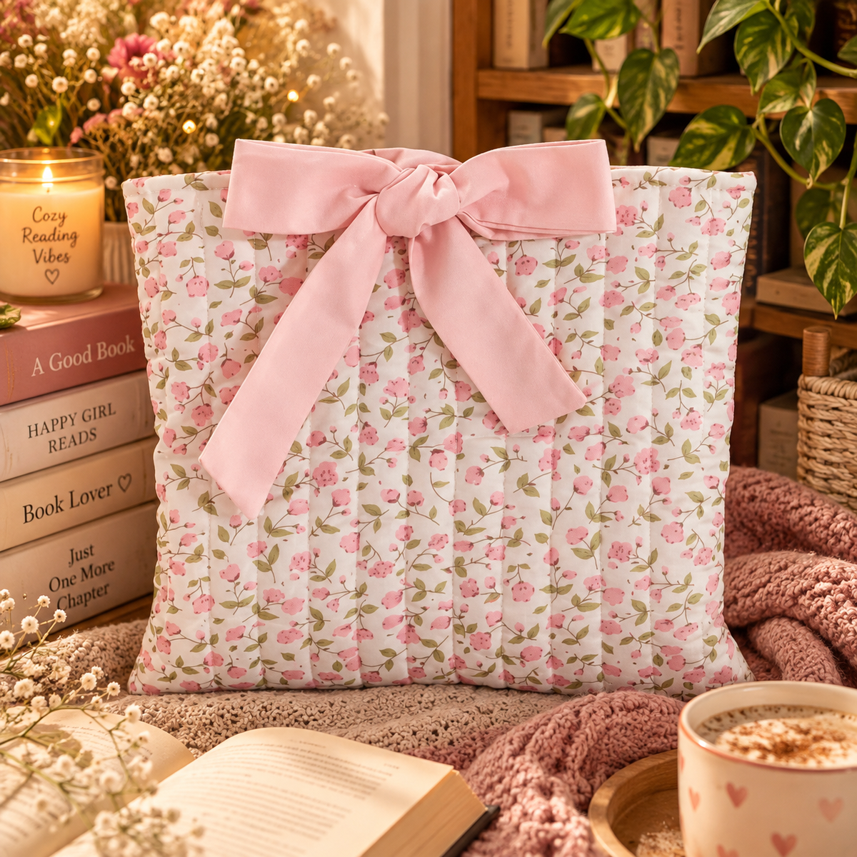 Rosa Büchertasche mit Schleife – Gepolsterte Romance Buchhülle