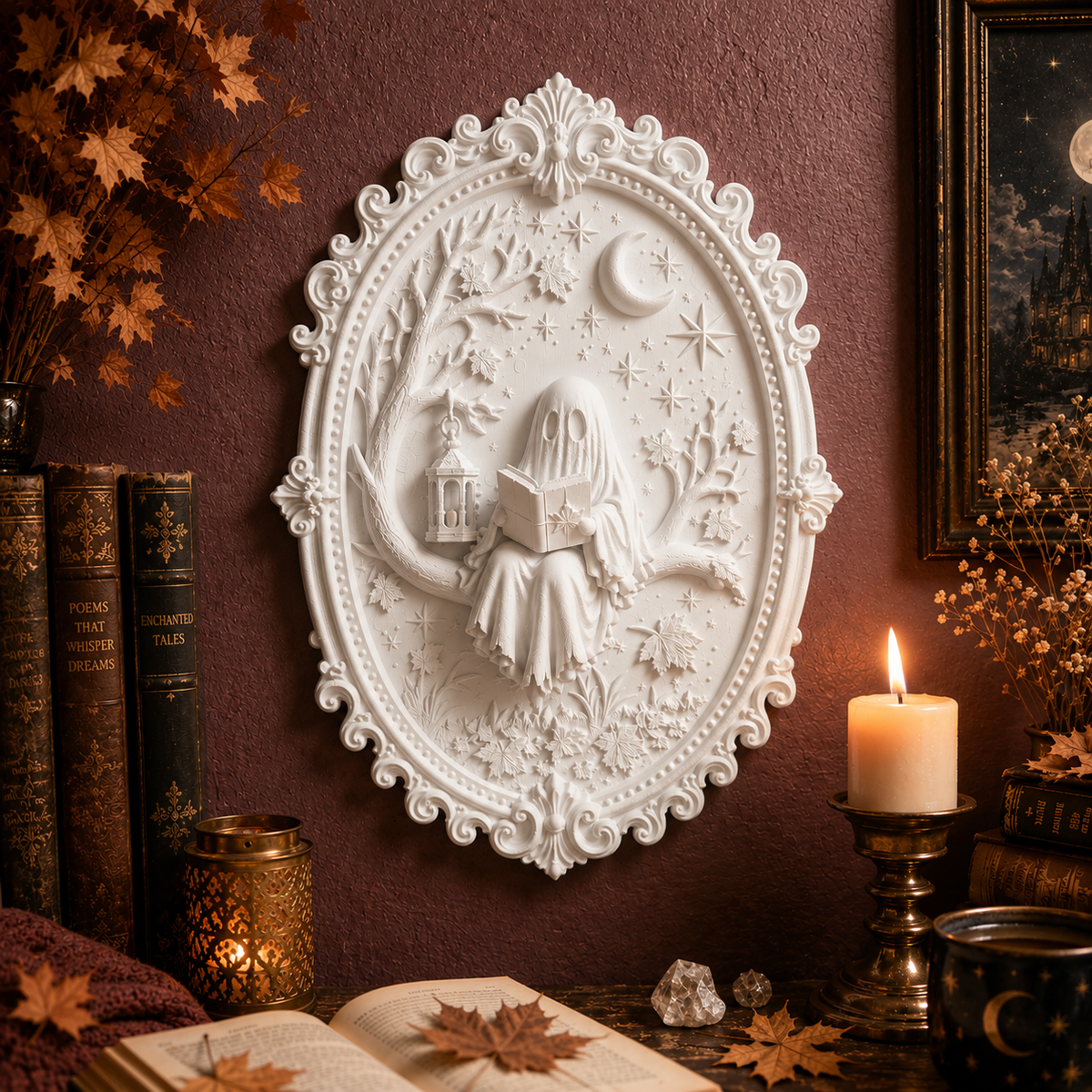 Bookish Ghost Wandbild 3D – Geist mit Buch | Gothic Deko für Leseecke