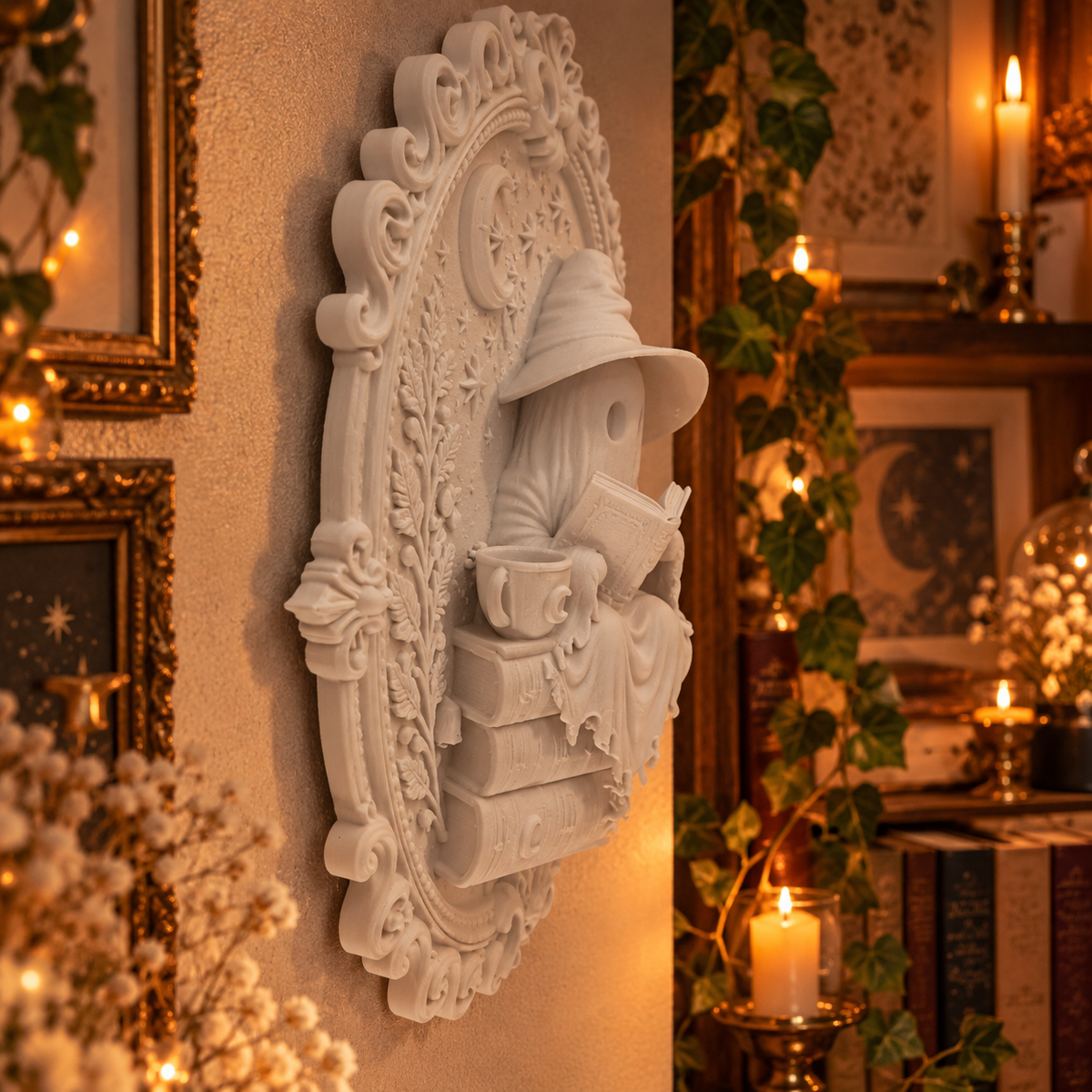 Bookish Ghost Wandbild 3D – Lesender Geist auf Bücherstapel | Gothic Deko für Leseecke