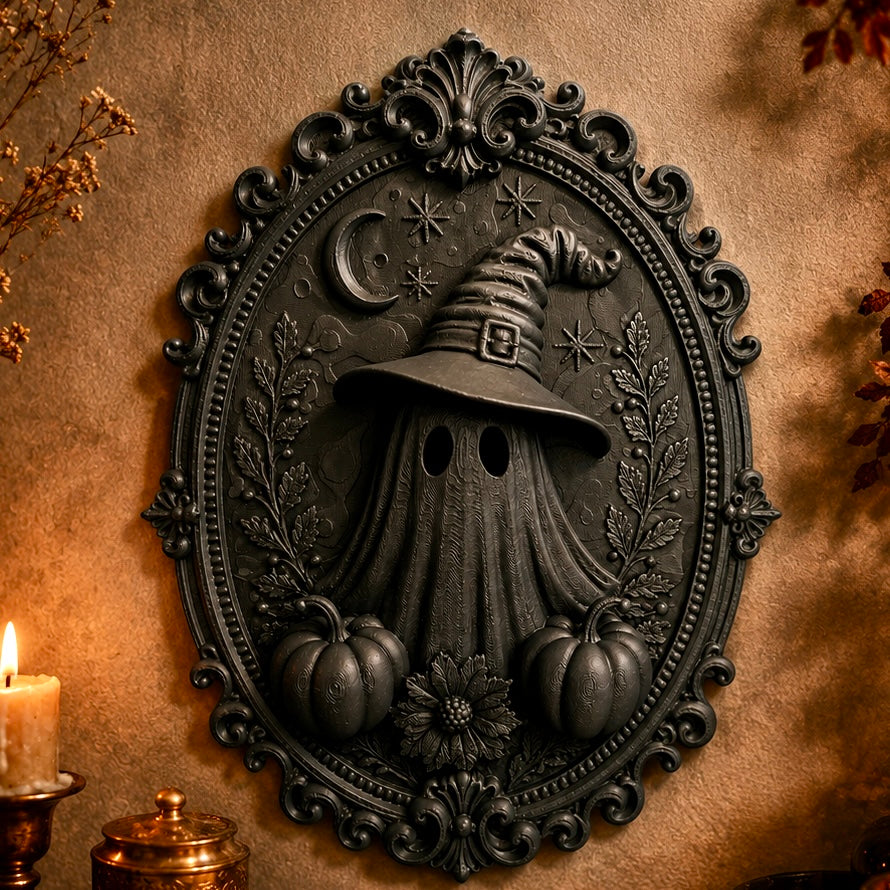 Mystisches Ghost Wandbild mit Hexenhut – 3D Wanddeko für Bücherzimmer & Leseecke