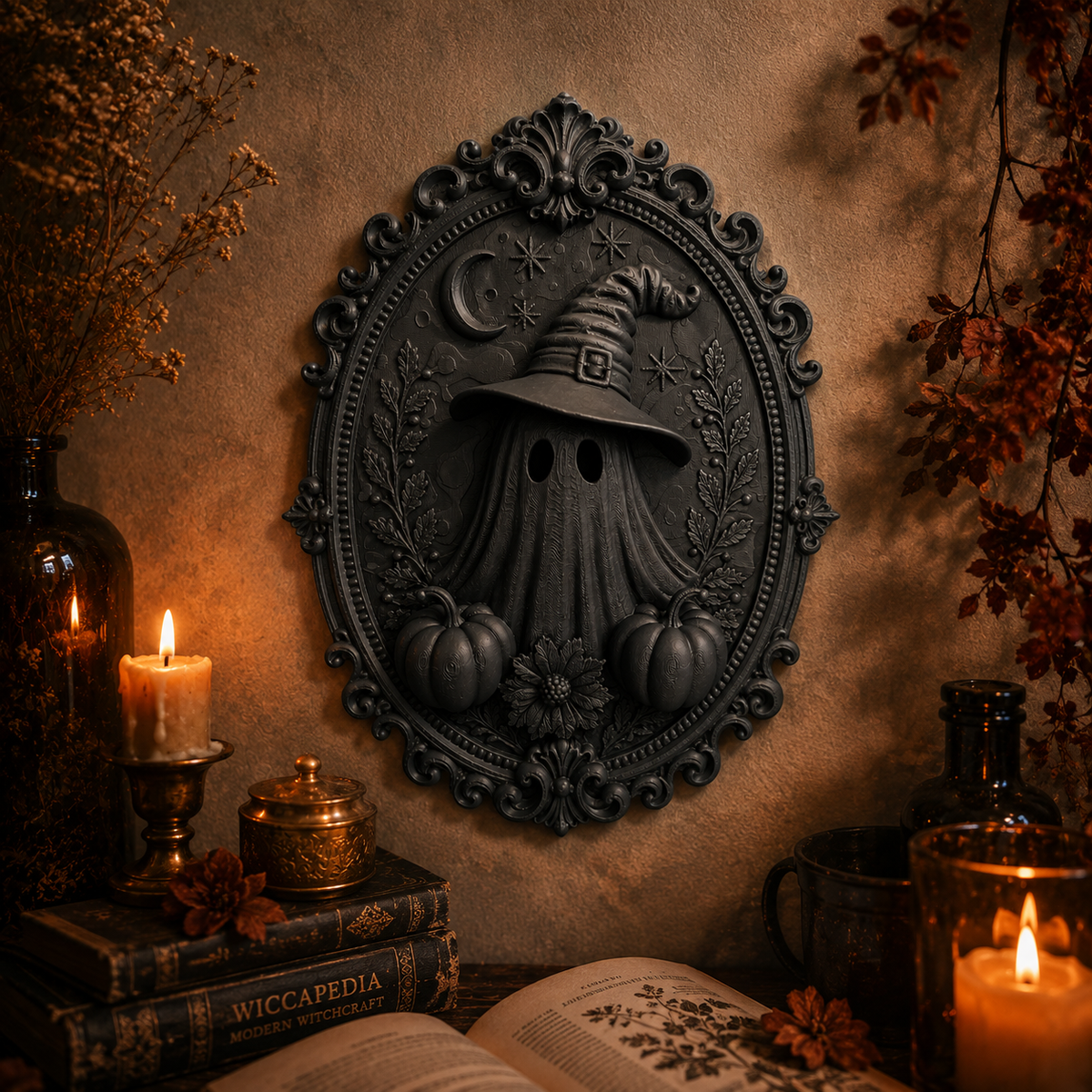 Mystisches Ghost Wandbild mit Hexenhut – 3D Wanddeko für Bücherzimmer & Leseecke