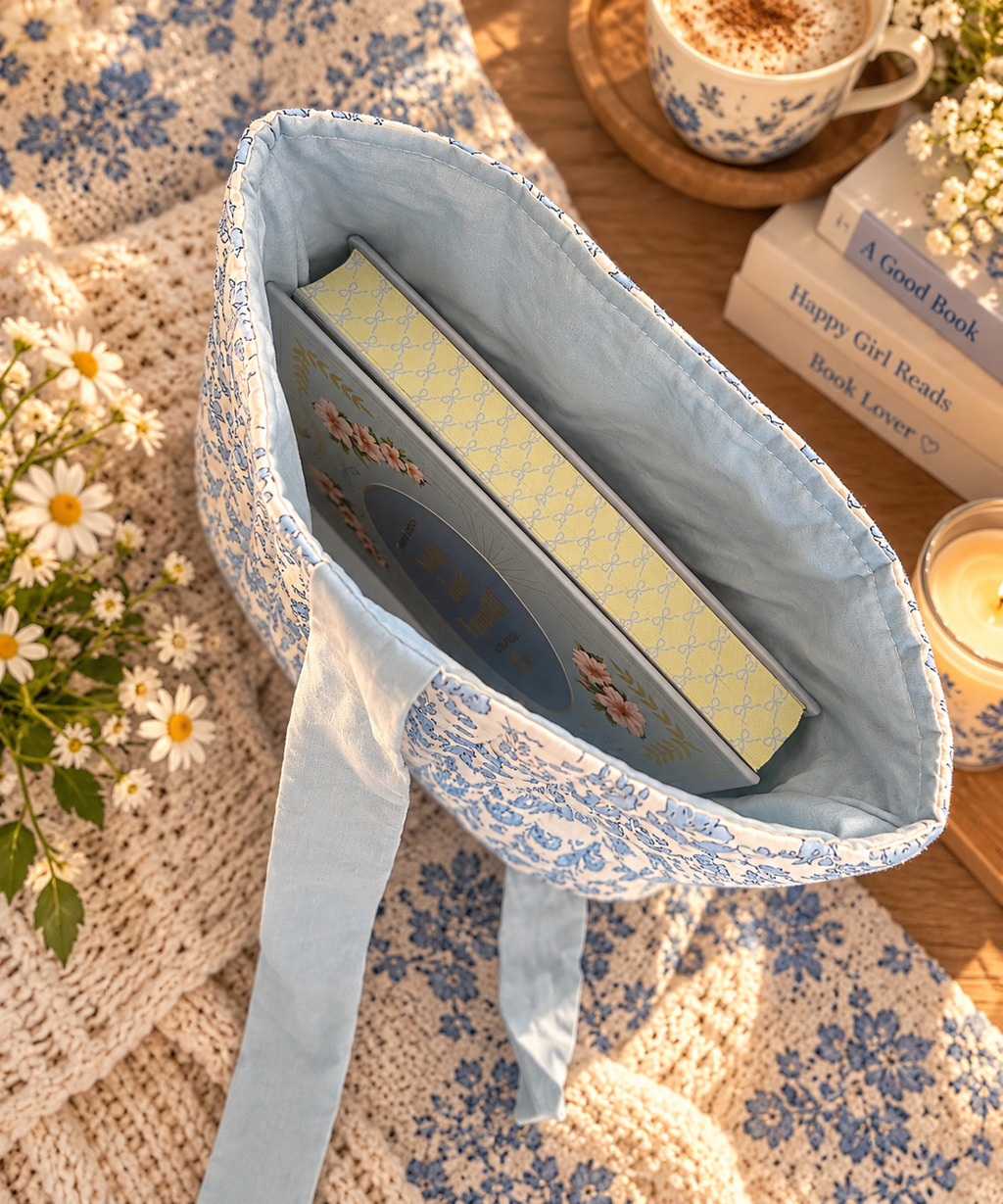 Blaue Büchertasche mit Schleife – Gepolsterte Buchhülle - Cottagecore
