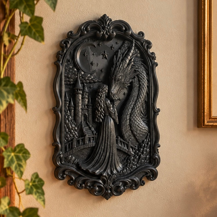 3D Wandbild Drache & Frau – Fantasy Deko für Leseecke
