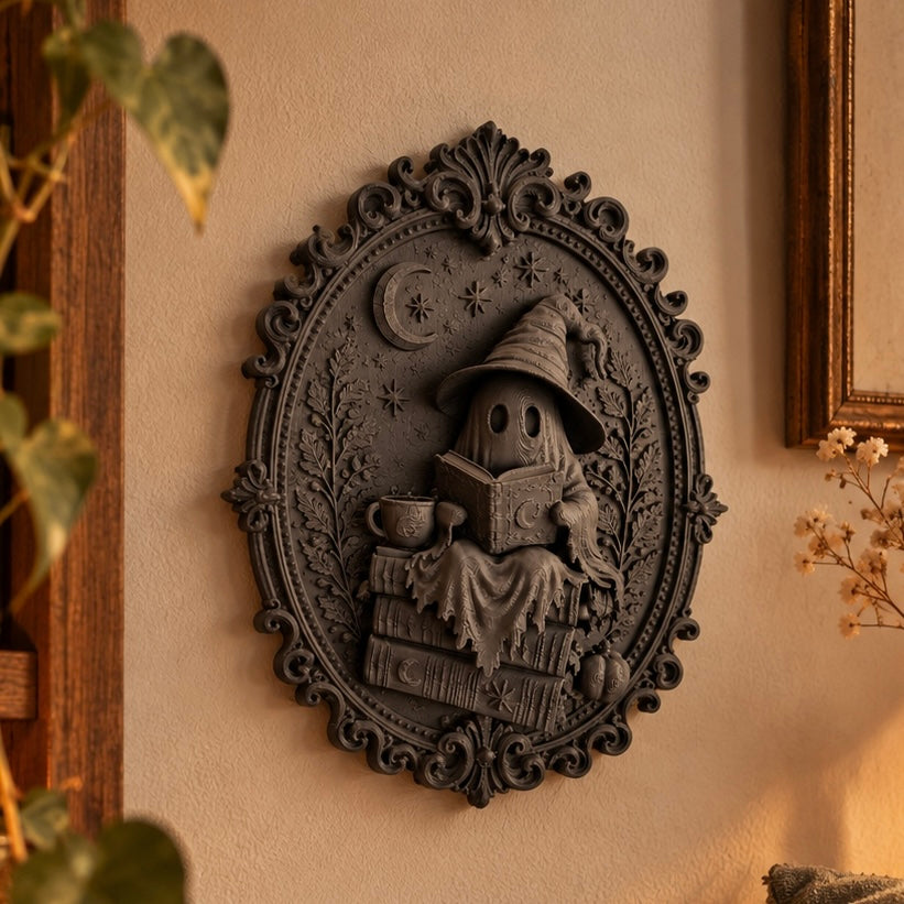Bookish Ghost Wandbild 3D – Lesender Geist auf Bücherstapel | Gothic Deko für Leseecke
