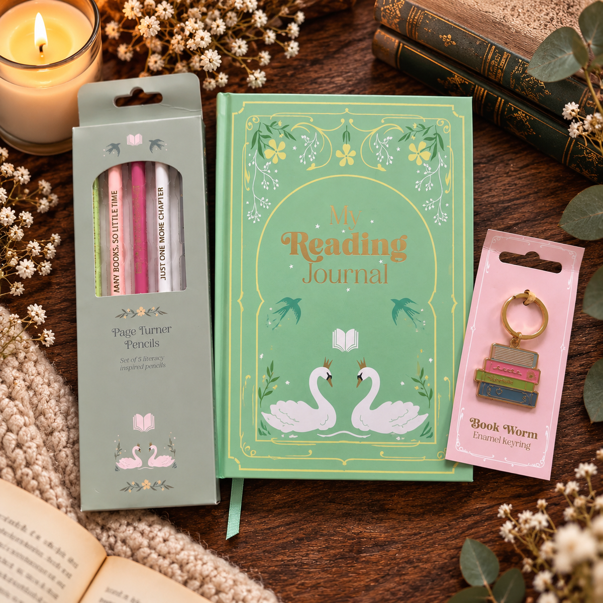 Bookish Geschenkset für Leseratten – Reading Journal, Bleistifte & Schlüsselanhänger
