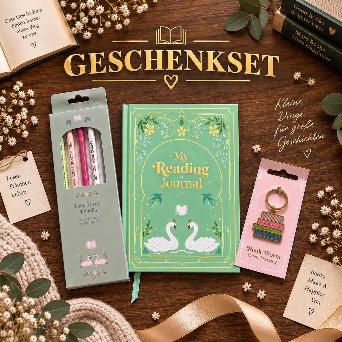 Bookish Geschenkset für Leseratten – Reading Journal, Bleistifte & Schlüsselanhänger